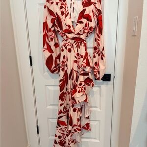 Elegant Red and White Floral Wrap Dress